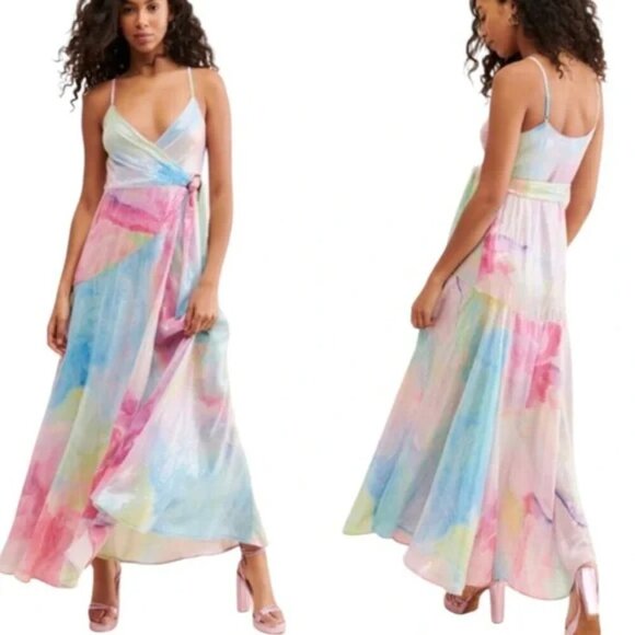 Hutch Alden Rainbow Sequin Maxi Wrap Dress size medium vibrant colorful boho - Picture 12 of 13